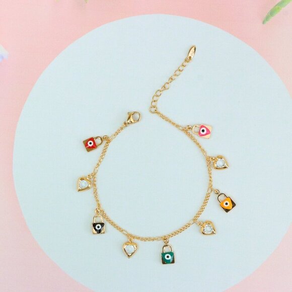 "Rose Gold Evil Eye & Heart Charm Anklet in Gold Plated Brass, XPAL1193 - Picture 5 of 12